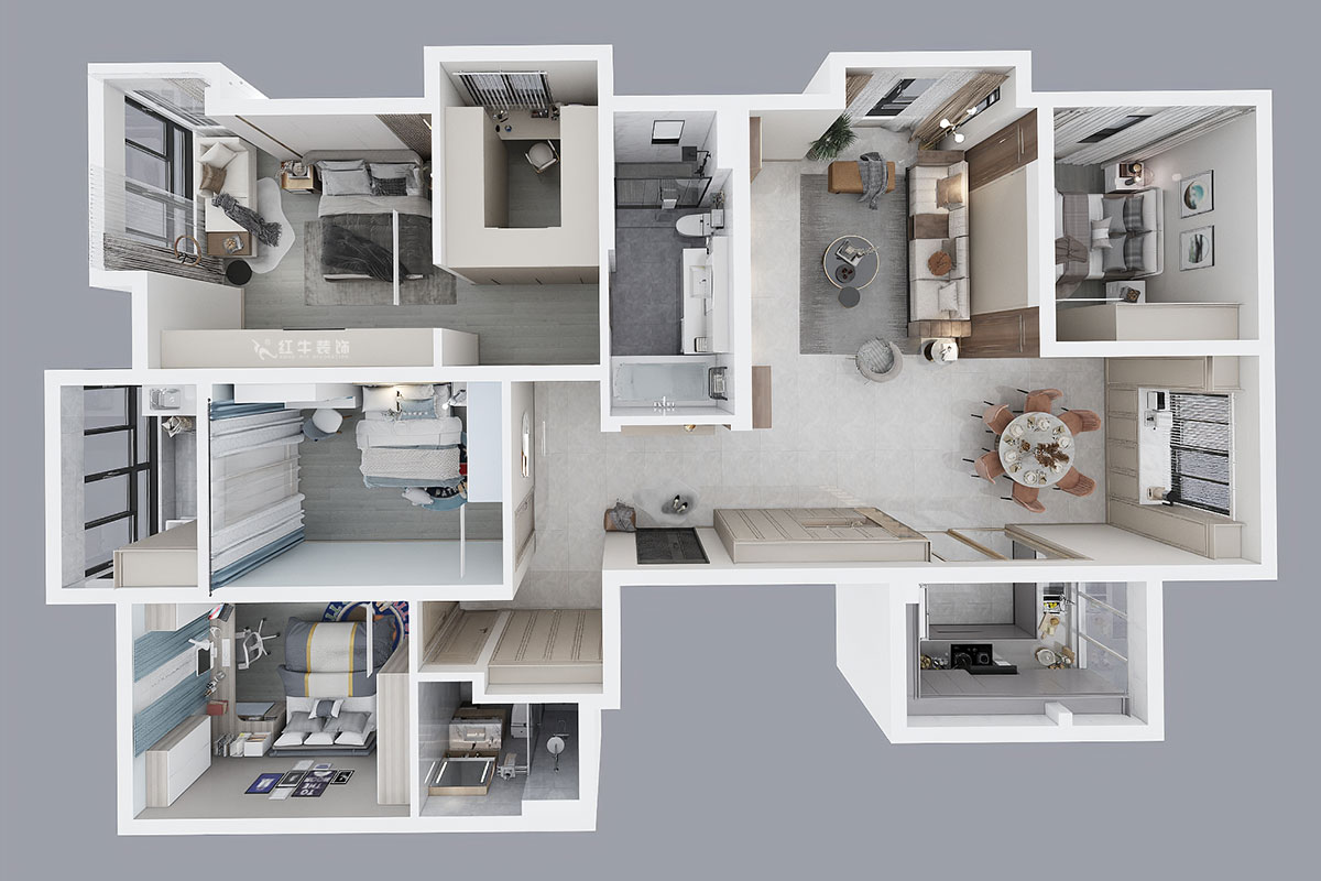 陶阳｜京门府2-806-200㎡-现代简约风格｜4室2厅2卫｜毛坯房装修｜定制家￥242314｜全包24万｜00_04鸟瞰图